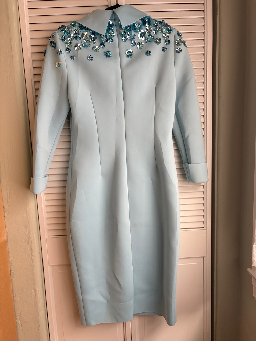 Badgley Mischka Light Blue Long-Sleeve Embellished Sheath Dress - Picture 5 of 9